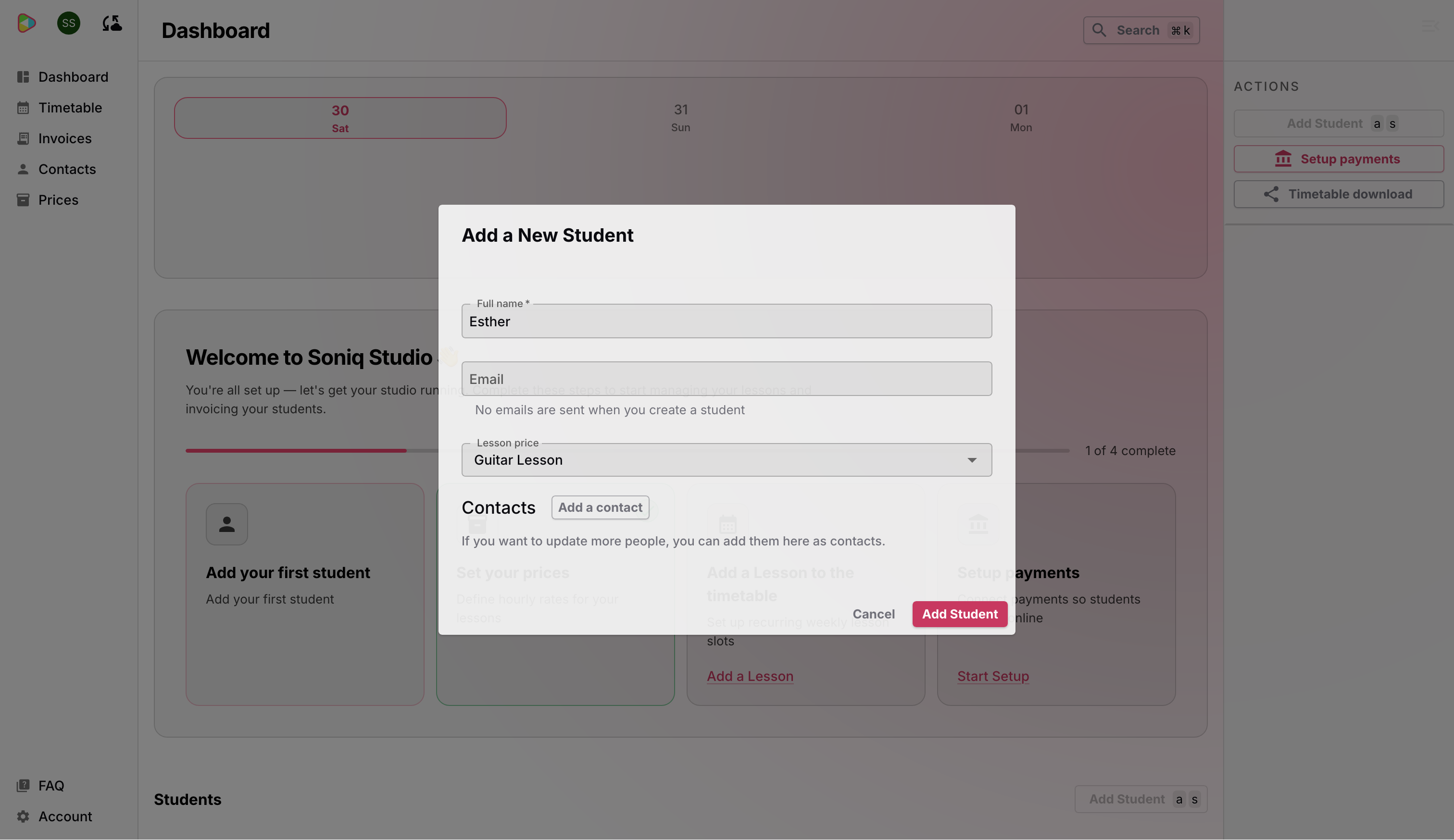 The Add a New Student dialog with Esther’s name, email, and Guitar Lesson price filled in