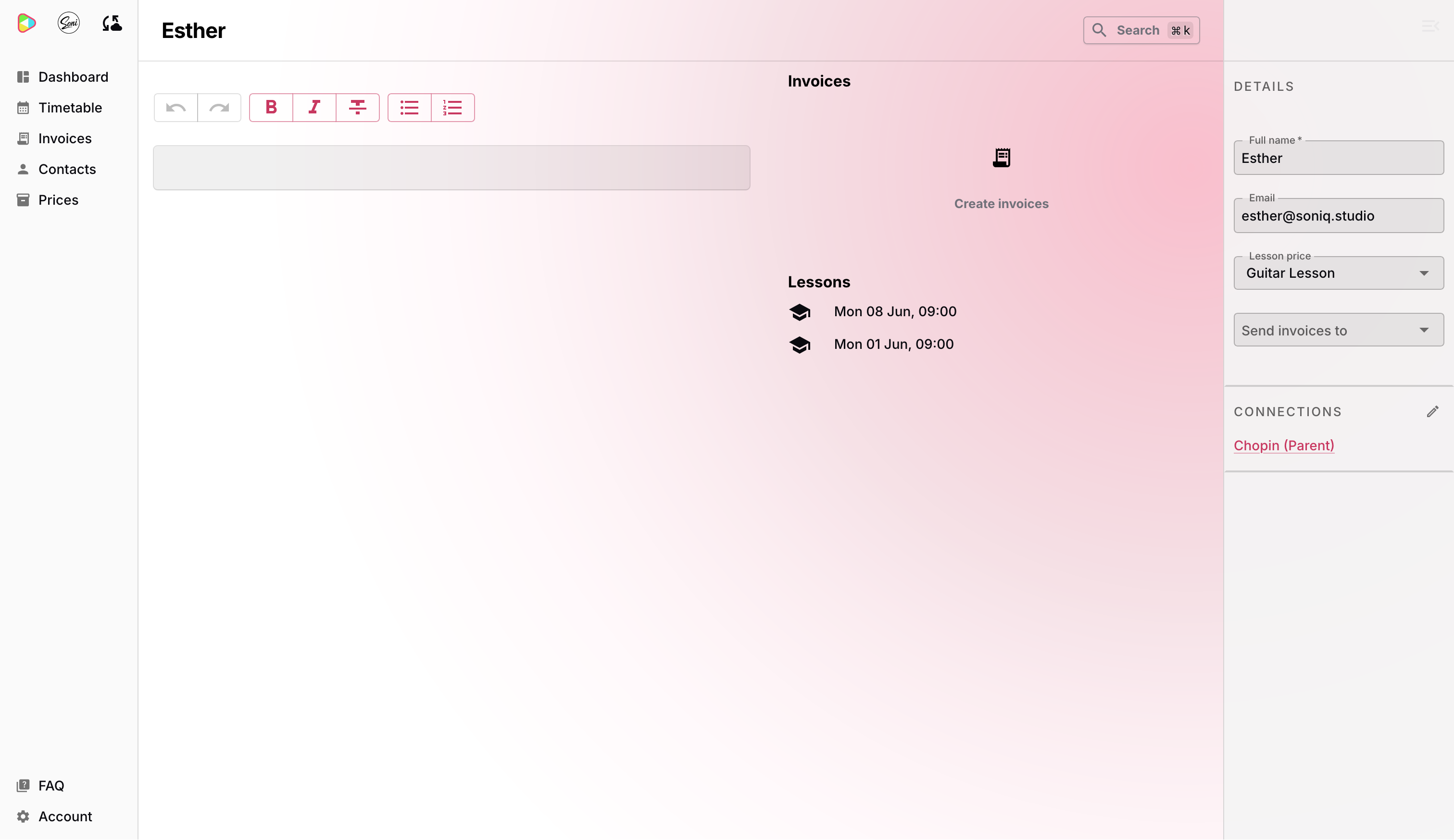 Esther’s contact page showing Chopin listed as Parent under Connections, with a Send invoices to dropdown now visible